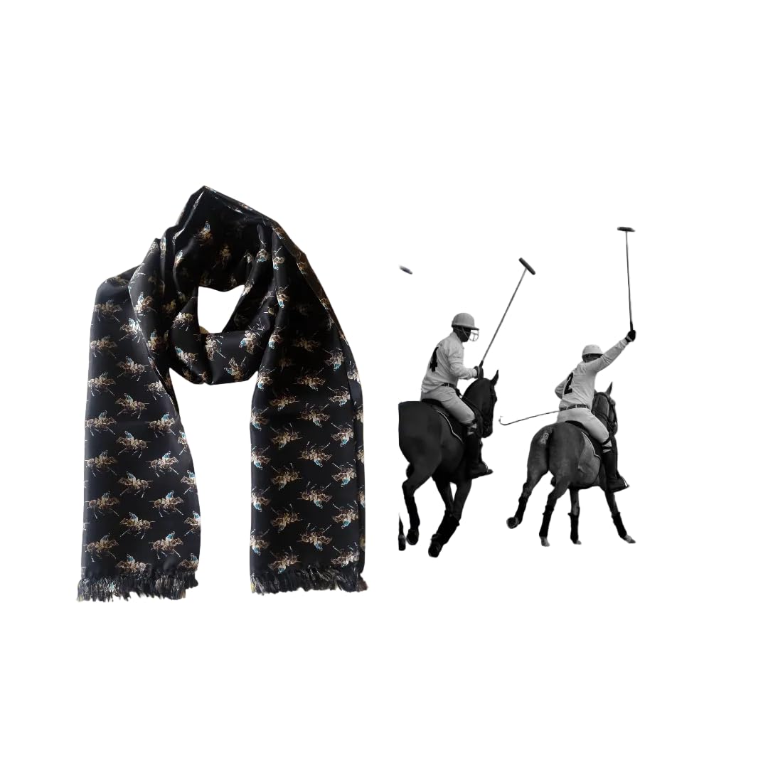 Polo Theme Print Pure Silk Scarf for Men Lightweight Soft Luxury Neck Wrap for Formal Casual and Travel Wear-image-3