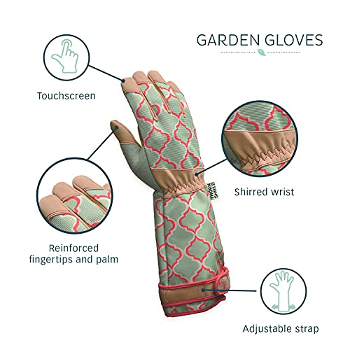 Digz Rose Pruning Vegan Leather Garden Gloves, Long Forearm Protective Cuff With Touchscreen Compatible Finger Tips, Red Geometric Pattern, Medium #TOP4