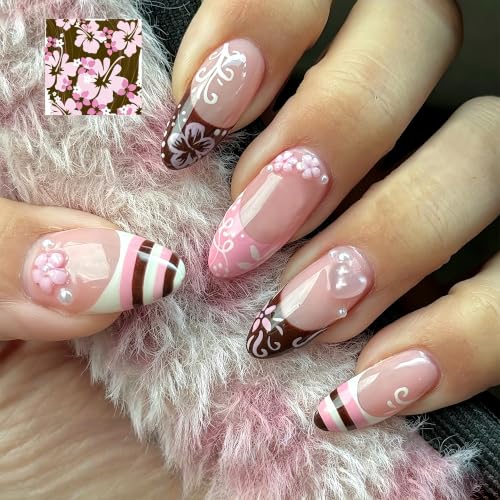 24Pcs Long Almond Press on Nails Pink Brown French Tips Fake Nail...