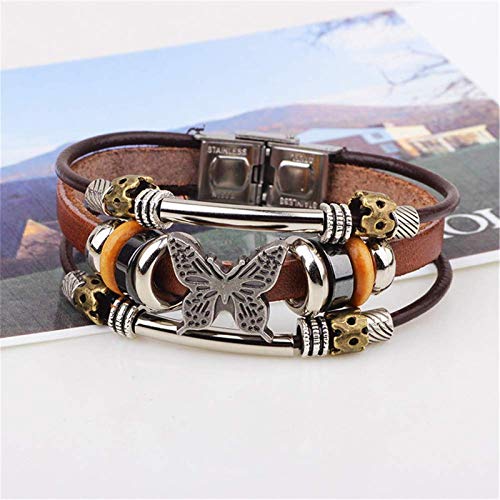 Maloyanve Bohemian Leather Bracelets For Men And Women Vintage Punk Alloy Butterfly Key Adjustable Beaded Wrap Multilayer Braided Cuff Bangles Wristband Wrist Decor Bracelet (Butterfly) #TOP3