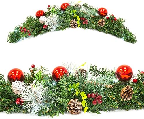 GloBrite 90cm Pre-Lit Decorated Arch Christmas Garland with 20 Cold White LED Lights - Ornamental Xmas Garland Wreath with Baubles and Berries Ornaments for Indoor Outdoor Decoration