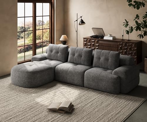 SOFA-IN-BOX 112'' Modular Sectional Sofa Couch with Chaise, Full-Foam Structure, Compression Packaging Design, Woven Texture Upholstery, Oversized Modern Sofa for Living Room – Stone Gray