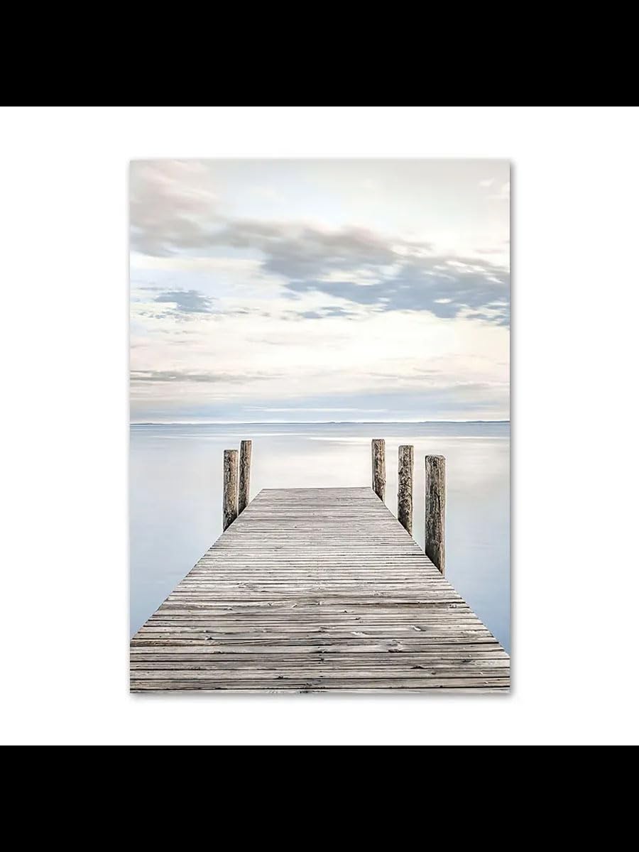 LYBCEOUG Wall Decor, Lake Wooden Pier Canvas Print, Relaxing Soft Grey Nature Living Room Decor(50x70cm/With frame)