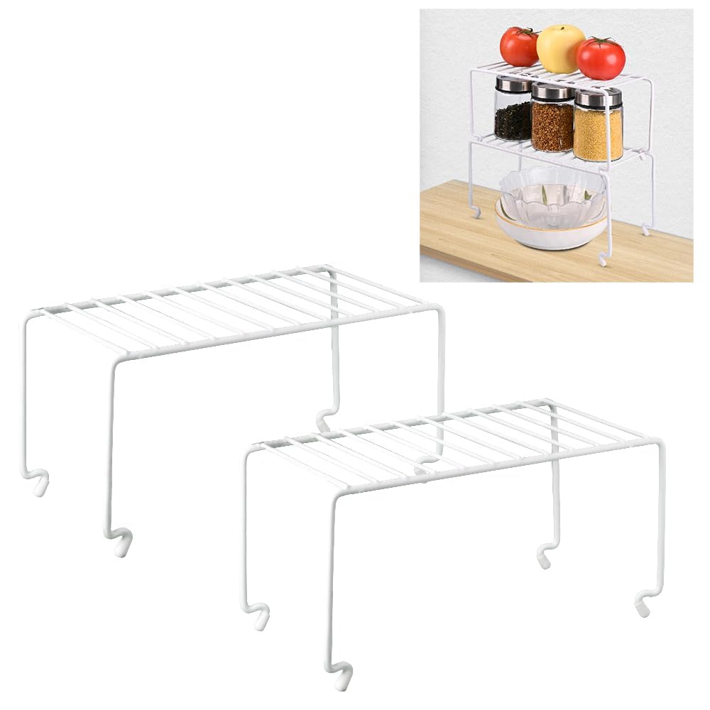 Paquete de 2 estantes pequeños (10.8 x 5.3 pulgadas), color blanco, apilable, organizador de estantes de cocina para gabinetes, organizadores de despensa y almacenamiento, estante de alambre