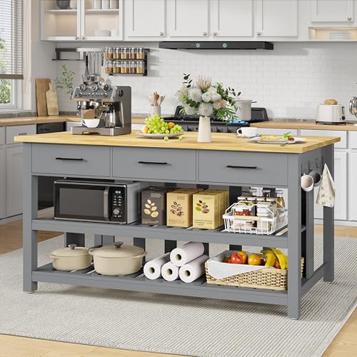 DynJest 60' Solid Rubberwood Kitchen Island with Power Outlets - Extra Large Work Surface, 3 Drawers & 2 Open Shelves Storage Cabinet for Kitchen Dining Room, Farmhouse Style (Grey)
