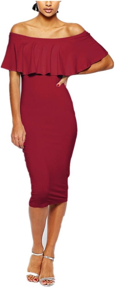 Women's Solid Off Shoulder Ruffle Fitted midi Dress Bodycon Pencil Dress