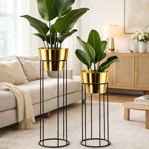 Image of Modern Metal Floor Planter Stand Set of 2 - Tall Gold & Black Indoor Plant Holders with Iron Stands for Living Room, Balcony, Office & Home Decor