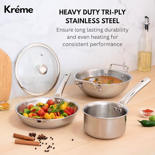 Image of Kreme Platina Triply Stainless Steel Cookware Set 4 Pc - Superior Finish, Cool Grip Handle, Induction Compatible | 100% Non-Toxic, Nickel-Free | Frypan 1.45 L + Kadai 2.2 L & Saucepan 1.2 L with Lids