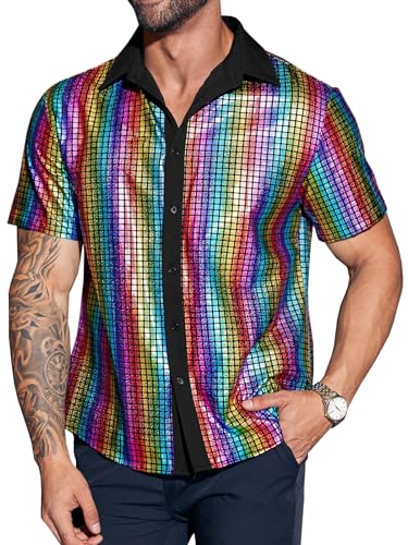 Runcati Herren Disco Hemd Kurzarm 70er Glitzer Hemden Männer Sommer Vintage Pailletten Party Shirt Karneval Kostüm Nachtclub Oberteil Dunkelblau L