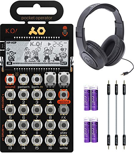 Teenage Engineering PO-33 Pocket Operator KO Sampler/Sequencer Bundle with Samson SR350 Over-Ear Closed-Back Headphones, Blucoil 3-Pack of 7" Audio Aux Cables, and 4 AAA Batteries