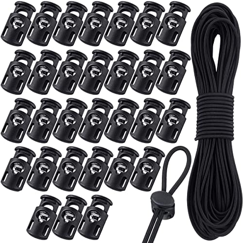 TSKDKIT Juego de 30 Cerraduras Elásticas con Cordón Elástico 10m de Longitud, Cerradura de Resorte de Orificio Único Botones, Cerradura de Cordón Negros Redondos Cerraduras de Cuerda Elástica