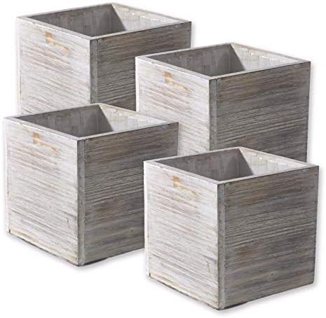 Wood Planter Box Set, Rustic Whitewash, Plastic Liners, 5 Inch Square Flower Holder, Natural Barn Wood Decor, Country Style, Home and Wedding Decorations, Garden Ornaments, (Beige Brown) (Set of 4) image 4