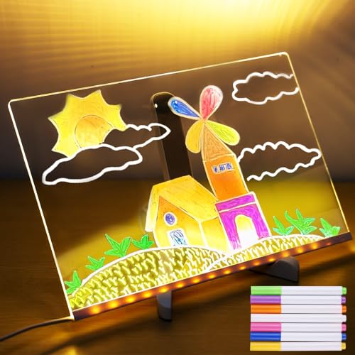 Pizarra de notas LED con colores, 30 x 20 cm, acrílico, con 7 colores de lápiz y soporte ajustable, pizarra de escritura LED, acrílico transparente, para tiendas, apartamentos