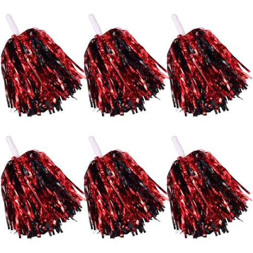 6 Black Red Pcs Cheerleading Pom Poms - School Spirit Shakers Metallic Foil Cheering Pompoms Cheer Pom with Baton Handle Plastic Squad for Adults Team Spirit Sports Party Cheering (6 Black Red)