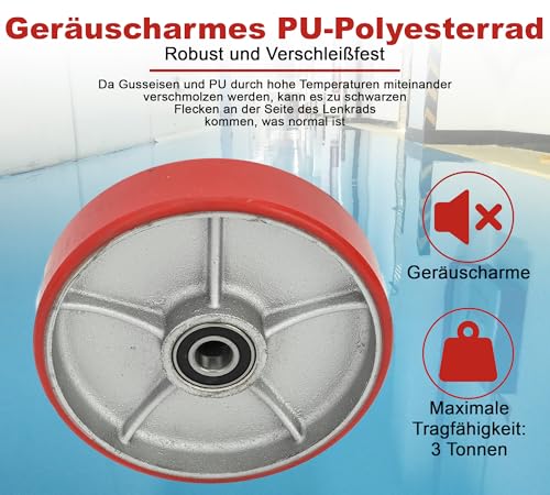 bimiti 2 Stück Hubwagenrollen Polyurethane/PU Ø200 x 50 mm, Achse 20 mm inkl. Kugellager Rollen für Hubwagen Ersatzrollen, Swivel Castor for Pallet Trucks,Max. Belastung 3000 KG