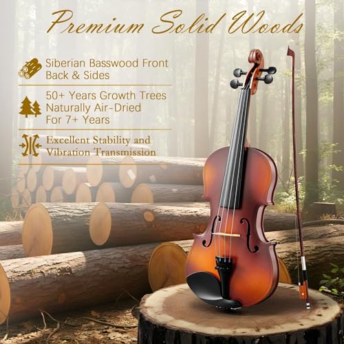 Image of 4 /4 Full Size Beginner Violin, Acoustic Fiddle Set for Adults, Teens, and Students (Age 12+), with Case, Bow, Bridge, and Rosin (Natural)