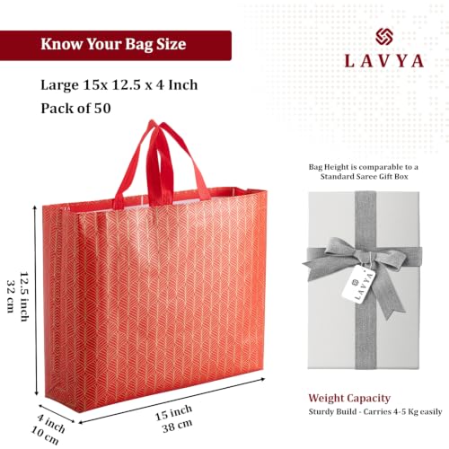 Image of Lavya Festive Special Large Size Return Gift Bags | Reusable Non-Woven Laminated Matt Finish Carry Bags for Gifting, Weddings, Festivals, Rakhi & Diwali (Red Gold Leaf, L-15x12.5x4, Pack of 50)