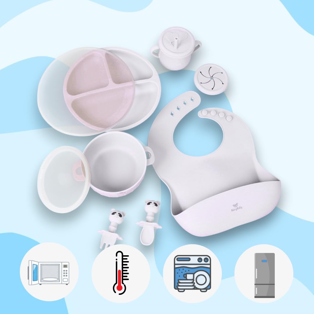 Set Repas Bébé Complet 8 Pièces en Silicone – Assiette Ventouse Compartimentée, Bol, Tasse d’Apprentissage, Couverts, Bavoir + Sac Isotherme – Kit voyage Sans BPA dès 6 Mois (Beige)