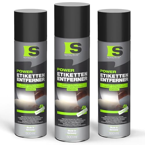 Spraytive Power - Eliminador de etiquetas (3 x 500 ml, sin acetona, residuos de pegamento y etiquetas, limpiador para pegatinas y rotuladores, eliminación rápida y sin residuos, fabricado en Alemania)