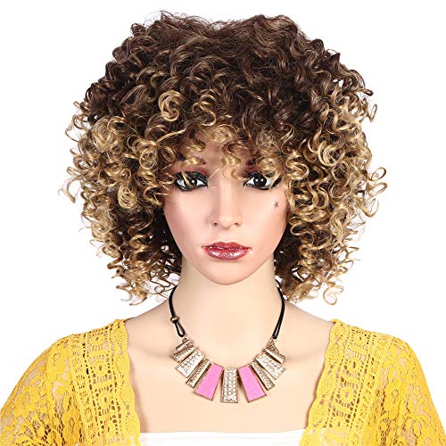 HUA MIAN LI Ombre Brown Short Kinky Curly Ladies Wig Heat Resistant Synthetic Fiber Full Cosplay Hair Replacement Wigs for Women with Wig Grip Band + Wig Cap 10inch