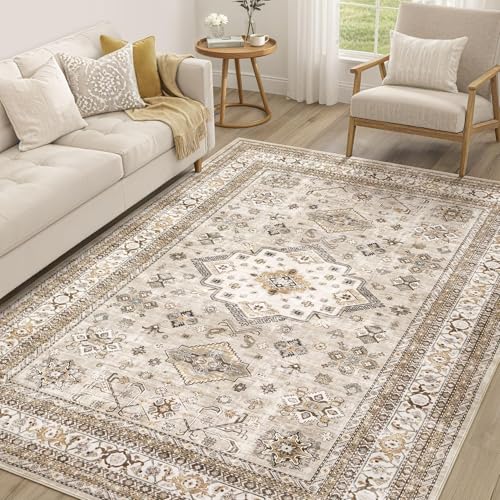 Vintage Living Room Area Rug 5x7 - Large Soft Washable Oriental Traditional Distressed Farmhouse Rugs for Bedroom - Indoor Floor Accent Carpet for Home Office House Decor - Beige