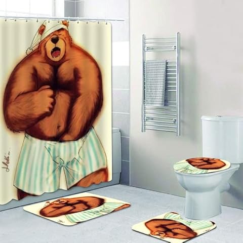 4 Pcs Shower Curtain Set With 12 Hooks Gay Bear Animal With Anti-Slip Carpet Toilet Cover Bath Mat Durable Waterproof For Bathroom Decor Set Cover