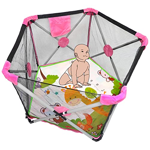 HongK- Dark Pink Pentagon Safety Playpen Portable Foldable Mesh Playard Infants Baby Toodler Animals Fence w/Travel Bag Nursery Furniture For Indoor Outdoor