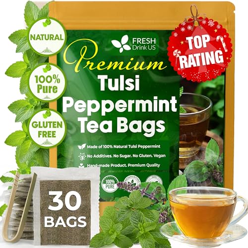Image of FreshDrinkUS, Premium Tulsi Peppermint Herbal - 30 Tea Bags, 100% Natural, Blend of Tulsi Holy Basil Leaves, and Peppermint Leaves. Made with Natural Material Tea Bags. No Sugar, Vegan.