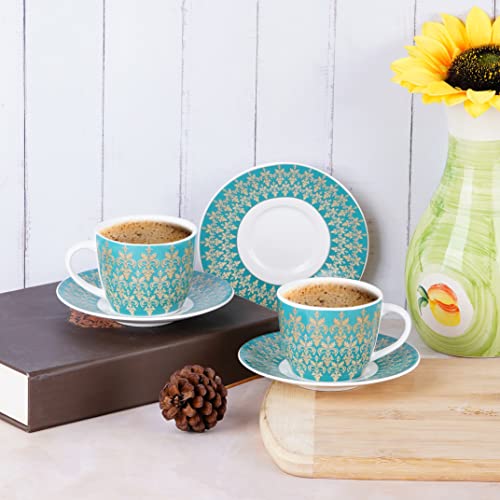Image of Dandy Lines Royal Cups and Saucers Set, Persian Blue with Pure Gold, Ceramic, Pack of 12, Microwave & Dishwasher Safe, Great for Hosting & Gifting