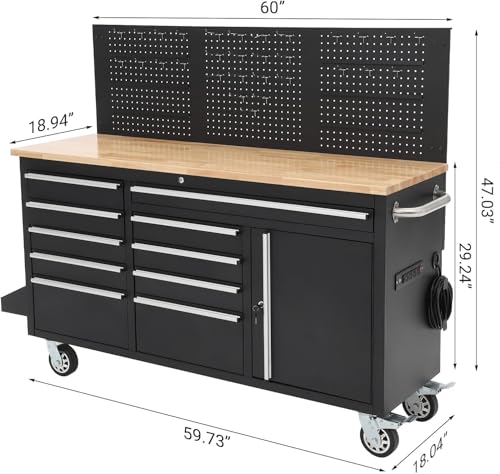 Image of PeakPursuit 61 inch Rolling Tool Chest with 10 Drawers, Workbench Cabinet with Power Strip, Solid Rubber Wood Top, Pegboard, 1675 LBS Load, Mobile Heavy Duty Garage Storage, Locking Wheels, Black