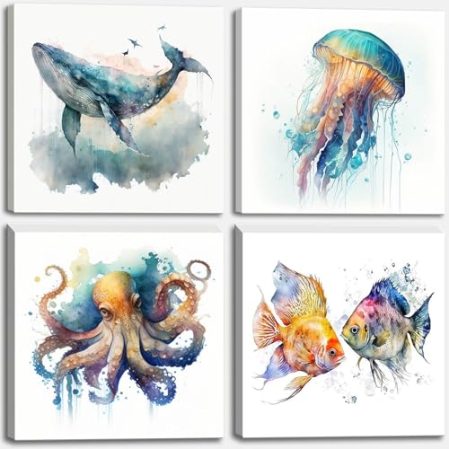 Image of Colorful Marine Life Canvas Wall Art for Bathroom Decor, Green Jellyfish Picture Print, Watercolor Fish Artwork Sea Life Blue Orange Octopus Painting Poster for Bedroom Living Room Decoration 12 inchx12 inch