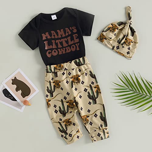 SAYOO Western Newborn Baby Boys Cowboy Outfit Cow Print Letter Bodysuit Long Leggings Cap 3pcs Infant Boy Country Clothes3