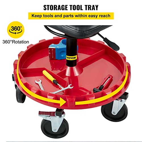 VEVOR Rolling Garage Stool, 300LBS Capacity, 18"-23" Adjustable Height Range, Mechanic Seat with Swivel Casters and Tool Tray, for Workshop, Auto Repair Shop, Red by VEVOR - Image 4