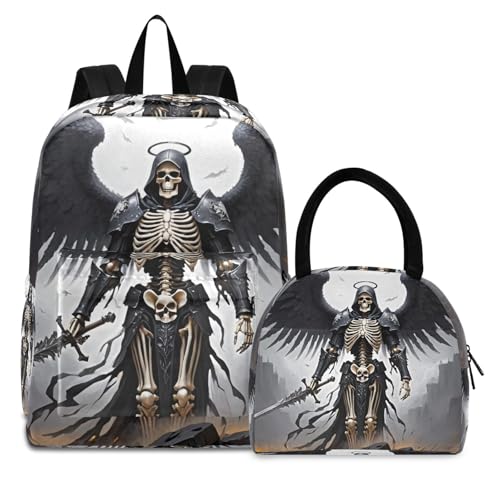 Backpack Lunch Bag Set Skeleton Angel Battlefield Print, Big Storage Travel Backpacks with Insulated Lunch Box for Office Hiking Picnic