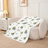 Homewish Dinosaurier Couchdecke Grün Graue Dinos Kuscheldecke 75x100cm Dschungeltier Fleecedecken für Kinder Teenager Erwachsene Tropische Palmen Dekorative Blanket