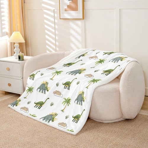 Homewish Dinosaurier Couchdecke Grün Graue Dinos Kuscheldecke 75x100cm Dschungeltier Fleecedecken für Kinder Teenager Erwachsene Tropische Palmen Dekorative Blanket