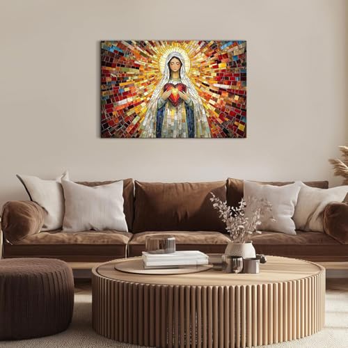 Image of Retro Christian Canvas Wall Art Jesus Virgin Mary Paintings Wall Decor for Living Room Church Decorations 24x36 inch Colorful Our Lady Holding Sacred Heart Aesthetics Posters Large Artwork Ready To Hang