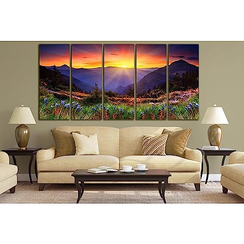 Grand tableau pour grand mur vide ZELLART Wild Flowers Mountains Sunset №SL686 prêt à accrocher