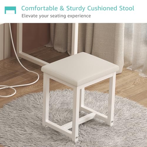 Image of White Makeup Vanity Desk with Mirror and Lights, Small Girls Vanity Set with Chair, Make Up Dresser Table with Drawers and Power Outlet for Bedroom Small Space