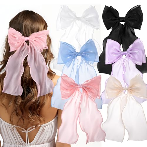 Ouligay 6 Stück Haarspangen mit Großer Schleife Große Haarschleifen Clips Damen Langer Schwanz Französisches Haarband Hair Clip Haar Accessoires der 90er Jahre für Frauen Mädchen Mehrere Farben