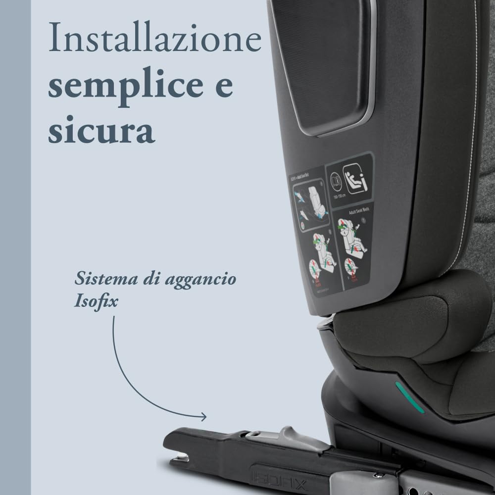 Inglesina Cartesio i-Size Seggiolino Auto, Isofix, per Bambini da 3 a 12 Anni circa, dai 100 ai 150 cm, Vulcan Black
