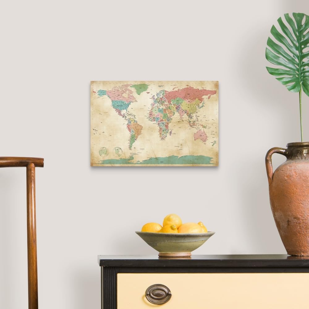 CANVAS ON DEMAND Political Map of the World Map, Antique Canvas Wall Art Print by Michael Tompsett, Home Decor, Design Artwork,18" x12in