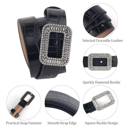 Women's Leather Belt Casual Fashion Waist Belt with Silver Square Diamond Buckle for Jeans Pants Dress4