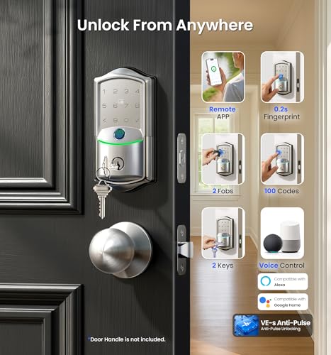 Veise VE027 Built-in Wi-Fi Smart Lock, Fingerprint Keyless Entry Front Door Lock, App Remote & Voice Control, No Hub Needed, Touchscreen Keypad Deadbolt, IP65 Waterproof, BHMA Grade 3, Satin Nickel - Image 4