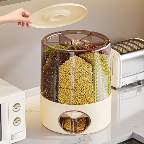 Peaoop 22LB Rice Dispenser, Large Grain Container Storage with Lid Measuring Cylinder Household Cereal Dispenser Bucket for Kitchen Soybean Corn (6 Grids-22LBS)