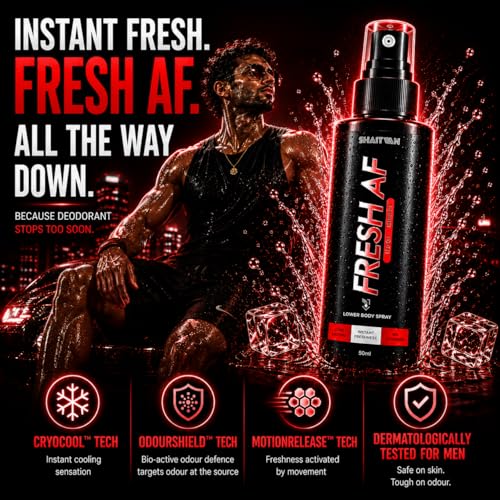 Image of Fresh AF Men's Hygiene Spray for Intimate & Lower Body Odour Control - 750 Sprays | Barely There Anti-Bacterial, pH Balanced with Aloe Vera | Pre Workout & Post Gym Freshness Spray | Sweat Protection (No Mercy)