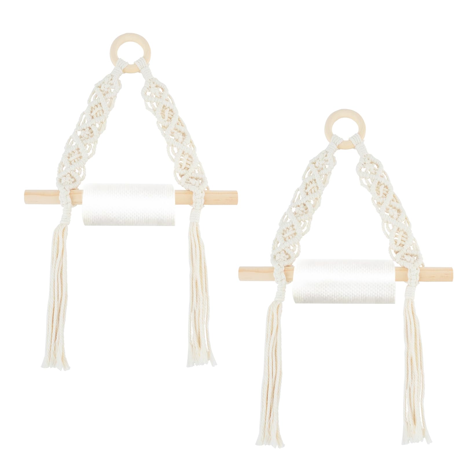 MOAMUN 2PCS Boho Toilet Roll Holder, Paper Towel Holder Self Adhesive Toilet Roll Rack Wall Paper Hanging for Kitchen, Macrame Boho Bathroom Decor Accessories