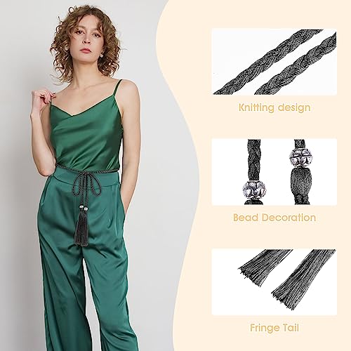 Women's Thin Braided Belt Trendy Boho Thin Belt Waistband Tassel Braided Waist Belt for Skirt Dress (Black)2