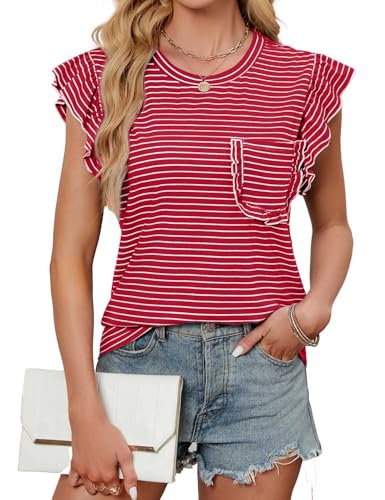 JUSTFASHIONNOW Womens Summer Tops Striped T-Shirts 2025 Ruffle Short Sleeve Crew Neck Casual Blouses with Pocket3
