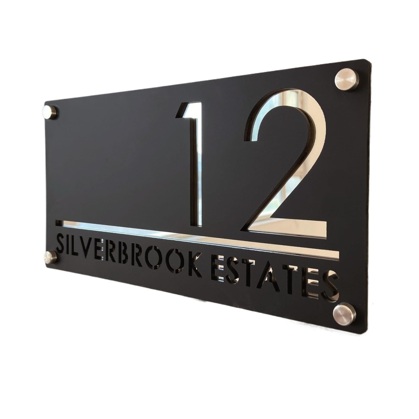 Placa de número casa con letras 3D acrílicas, dirección exterior, nombre, placa pared, clavos plateados resistentes a la intemperie, 1 ud(Black Silver,30x20cm)
